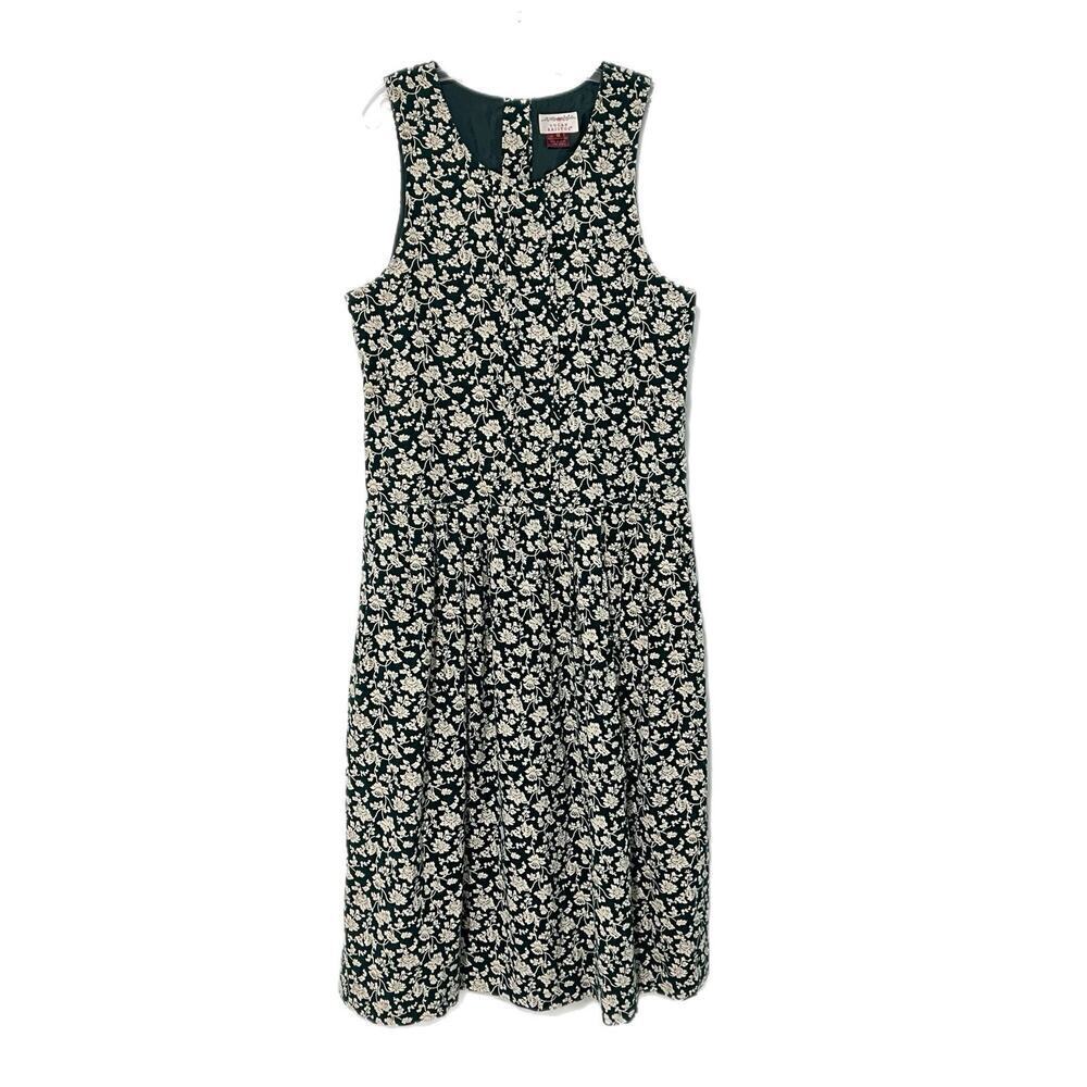 Vintage Susan Bristol Corduroy Dress Size 12 Green Floral Button Back Drop Waist